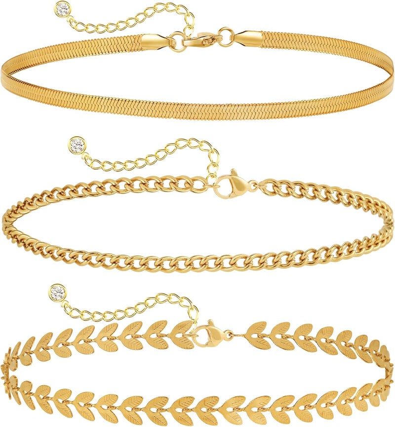 MIDEEO Gold/Silver Ankle Bracelets for Women,14K Gold Anklets for Women Waterproof Cuban Link Heart Beads Herringbone Rhinestone Anklets Set Layered Anklet Bracelets for Women Gold Jewelry Gift - Image 1